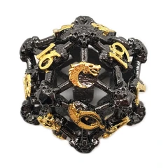 Old School Dice: Hollow Metal D20 Spindown -Skull - Black Nickel with Gold